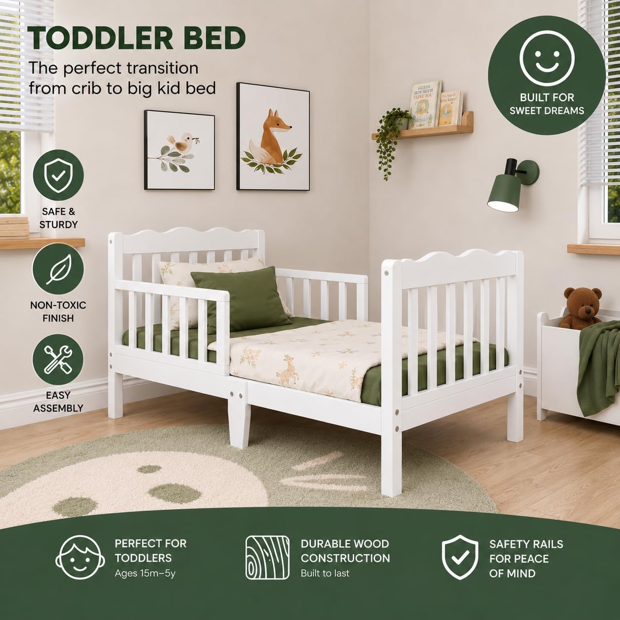 WSG Toddler Bed with Safety Rails, White Wooden Kids Bed Frame, Low Floor Design, Non-Toxic Pinewood, Easy Assembly, Toddler Bedroom Furniture for Boys & Girls