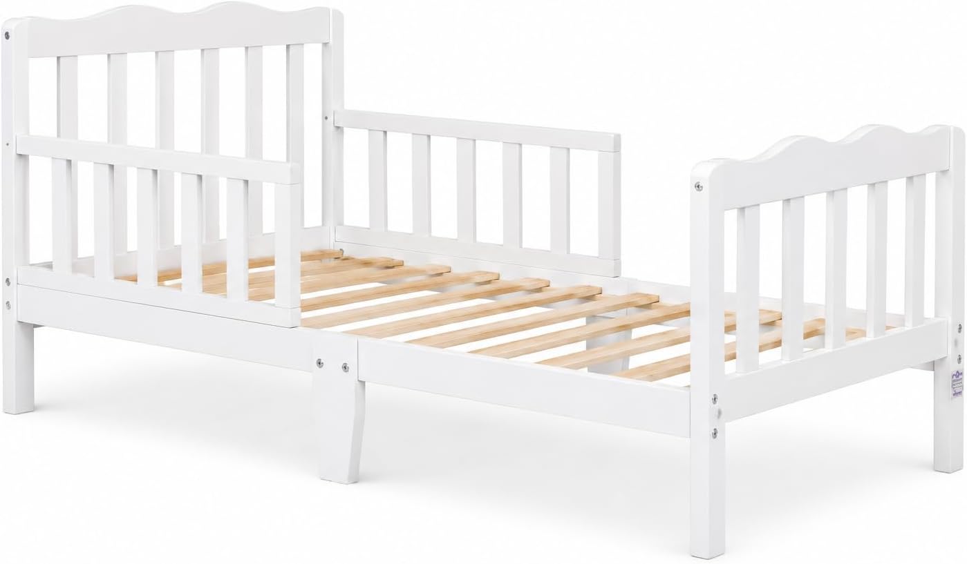 WSG Toddler Bed with Safety Rails, White Wooden Kids Bed Frame, Low Floor Design, Non-Toxic Pinewood, Easy Assembly, Toddler Bedroom Furniture for Boys & Girls
