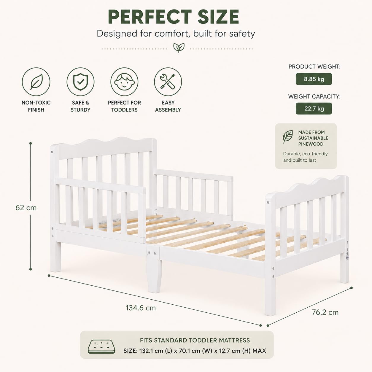 WSG Toddler Bed with Safety Rails, White Wooden Kids Bed Frame, Low Floor Design, Non-Toxic Pinewood, Easy Assembly, Toddler Bedroom Furniture for Boys & Girls