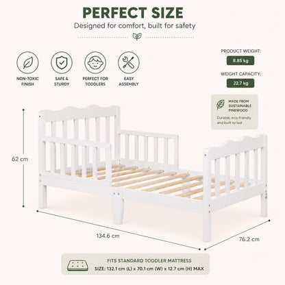 WSG Toddler Bed with Safety Rails, White Wooden Kids Bed Frame, Low Floor Design, Non-Toxic Pinewood, Easy Assembly, Toddler Bedroom Furniture for Boys & Girls
