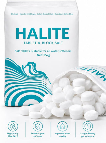 25KG Salt Tablets Halite Salt for Water Softener, Pure Grade A Food Quality for All Water Softener and Dishwashers (1)