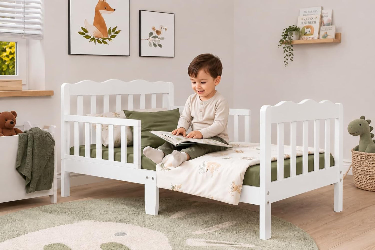 WSG Toddler Bed with Safety Rails, White Wooden Kids Bed Frame, Low Floor Design, Non-Toxic Pinewood, Easy Assembly, Toddler Bedroom Furniture for Boys & Girls