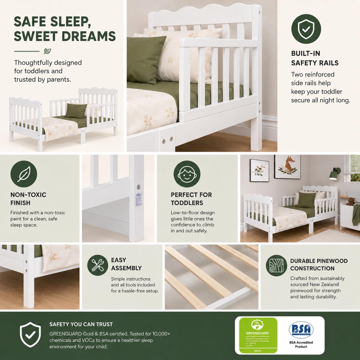 WSG Toddler Bed with Safety Rails, White Wooden Kids Bed Frame, Low Floor Design, Non-Toxic Pinewood, Easy Assembly, Toddler Bedroom Furniture for Boys & Girls
