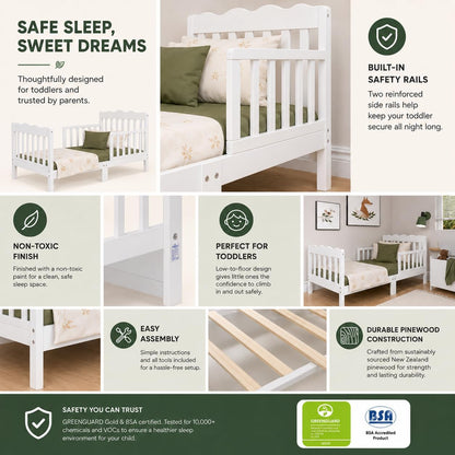 WSG Toddler Bed with Safety Rails, White Wooden Kids Bed Frame, Low Floor Design, Non-Toxic Pinewood, Easy Assembly, Toddler Bedroom Furniture for Boys & Girls